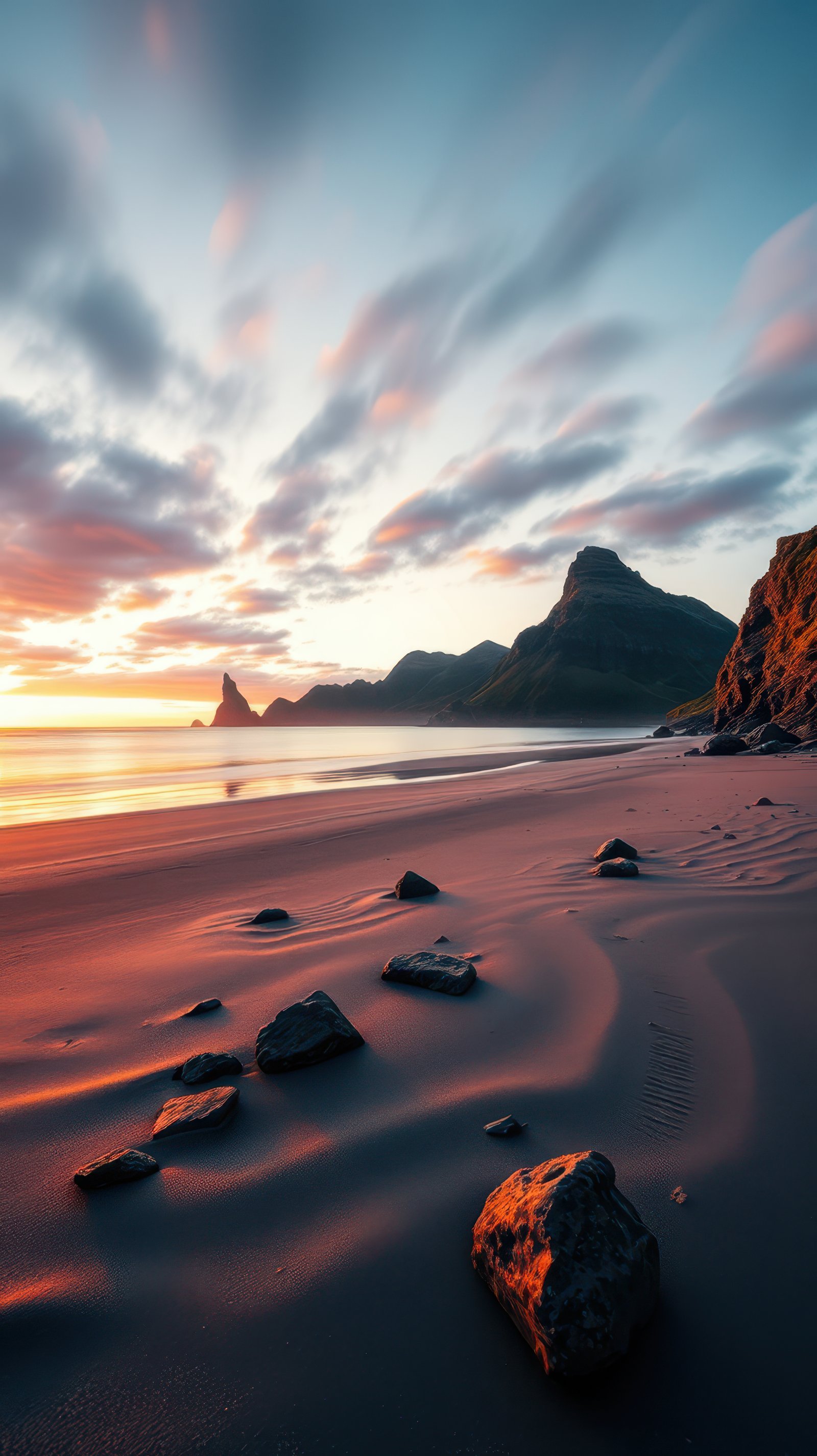 The sun sets over the ocean and casts an orange glow over the sandy beach, leaving behind dark, rocky formations